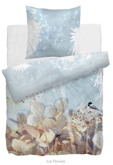 HNL overtrek Ice Flowers, kleur blauw,geel,vogel,katoensatijn, macosatijn